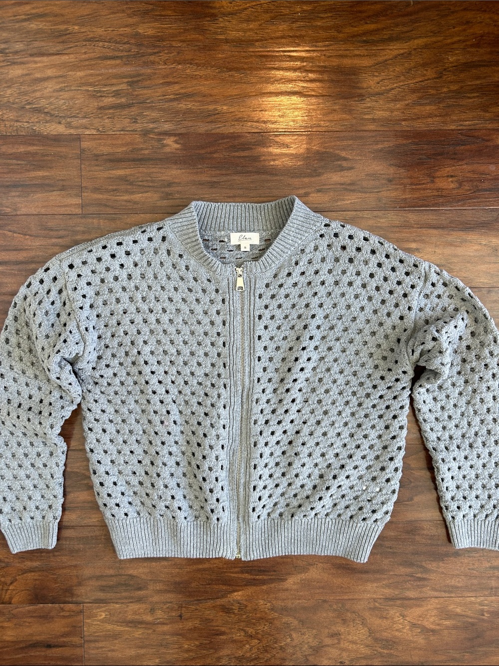 Elan Light Gray Openwork Zip-Up Cardigan